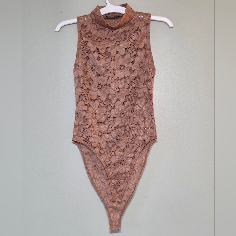 SOLD New Zara Shimmery Bronze Brown Lace Sleeveless High Neck c Bodysuit Sz M